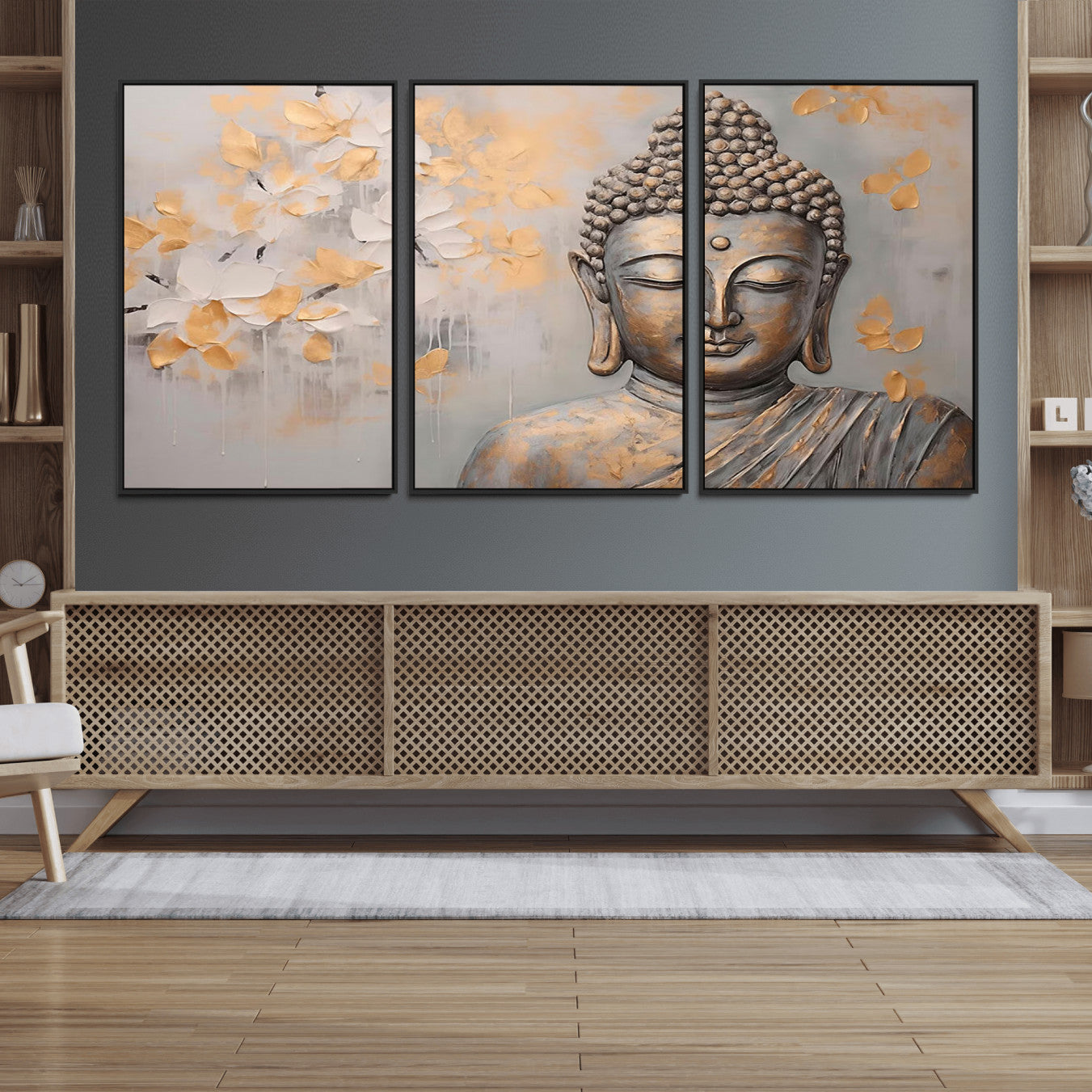 19919-MGV-FC-60X30-3P_Black-Abstract Buddha Statue Wall Art Canvas Print - Modern Meditation Decor for Living Room, Office, Yoga