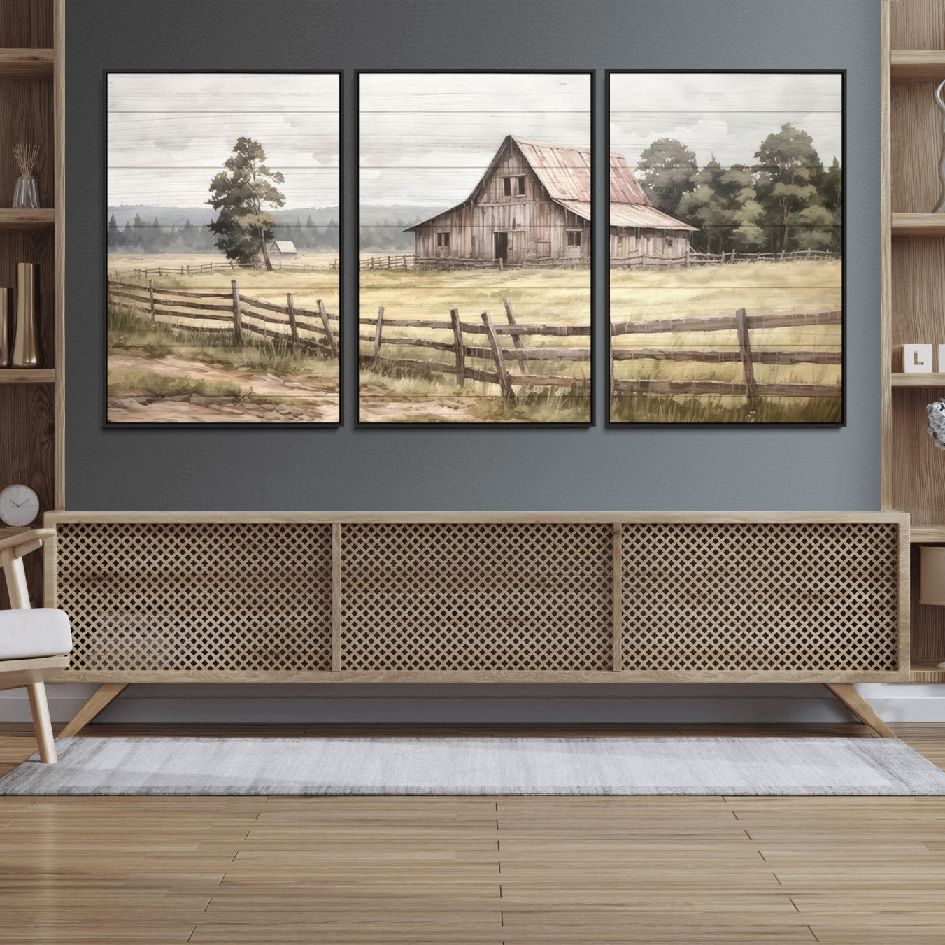 87489-MGV-FC-60X30-3P_Black-Rustic Farmhouse Barn Wall Art | 3-Panel Framed Gallery Wrap Giclee Canvas Print for Living Room,
