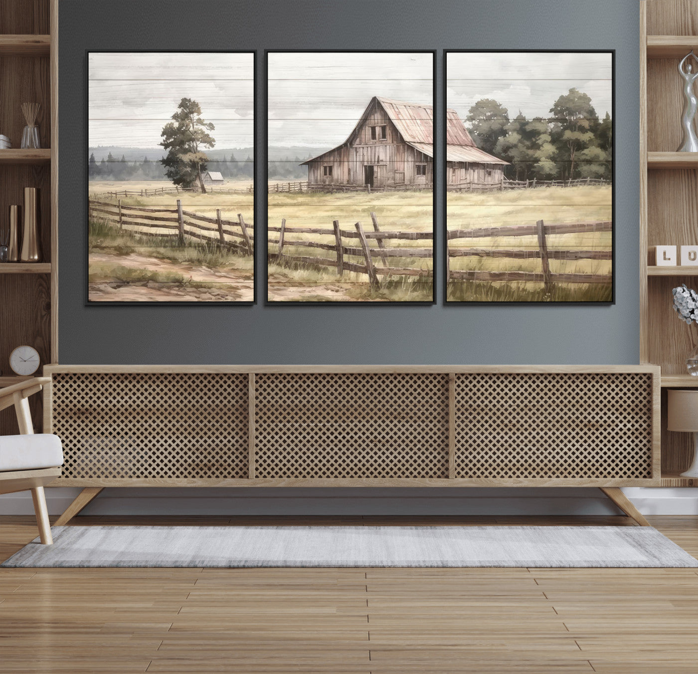 87489-MGV-FC-60X30-3P_Black-Rustic Farmhouse Barn Wall Art | 3-Panel Framed Gallery Wrap Giclee Canvas Print for Living Room,