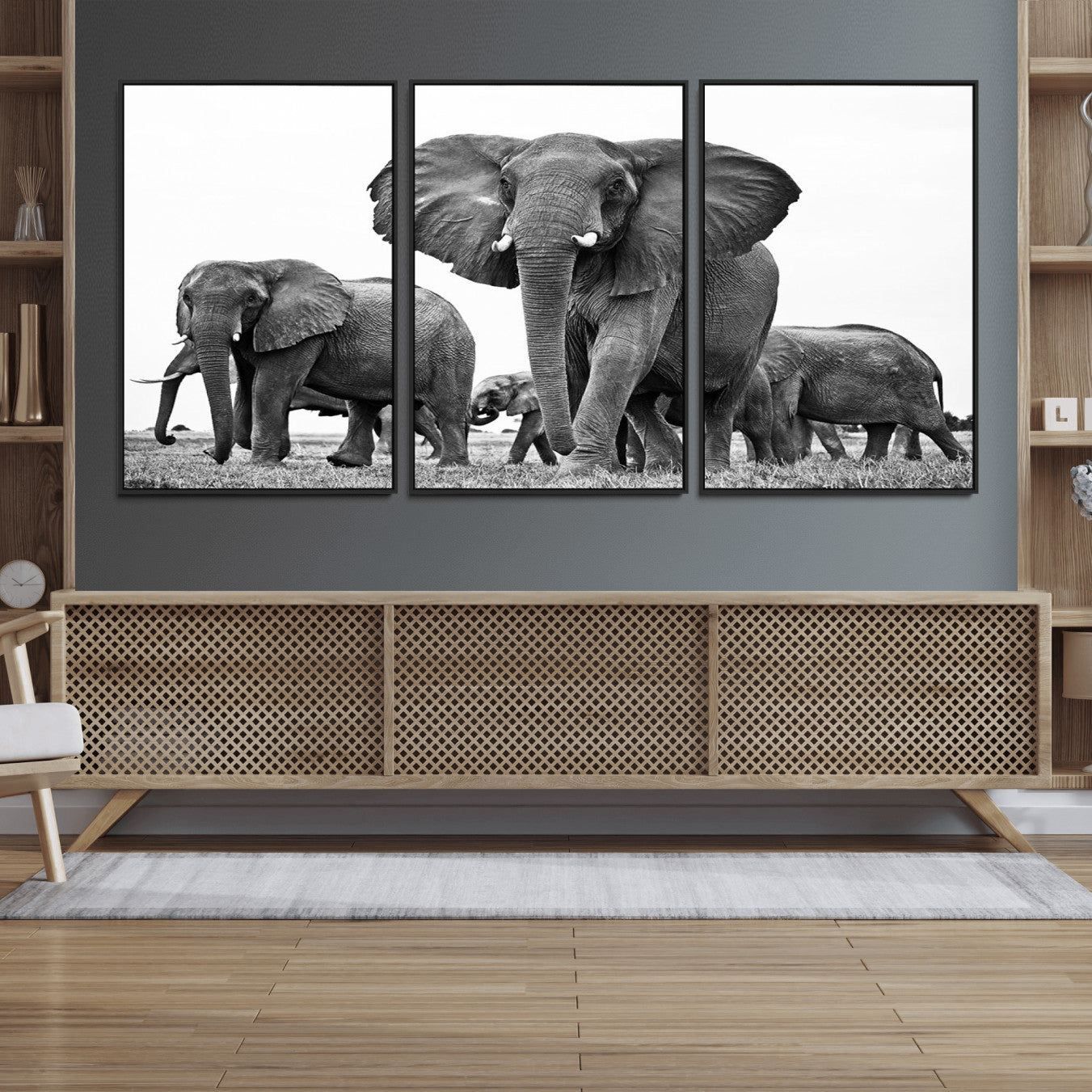 91685-MGV-FC-60X30-3P_Black-Black White Elephant Family Wall Art Canvas Print