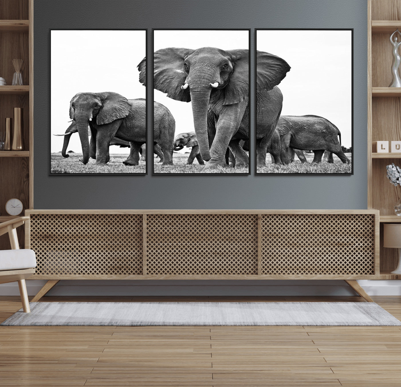 91685-MGV-FC-60X30-3P_Black-Black White Elephant Family Wall Art Canvas Print