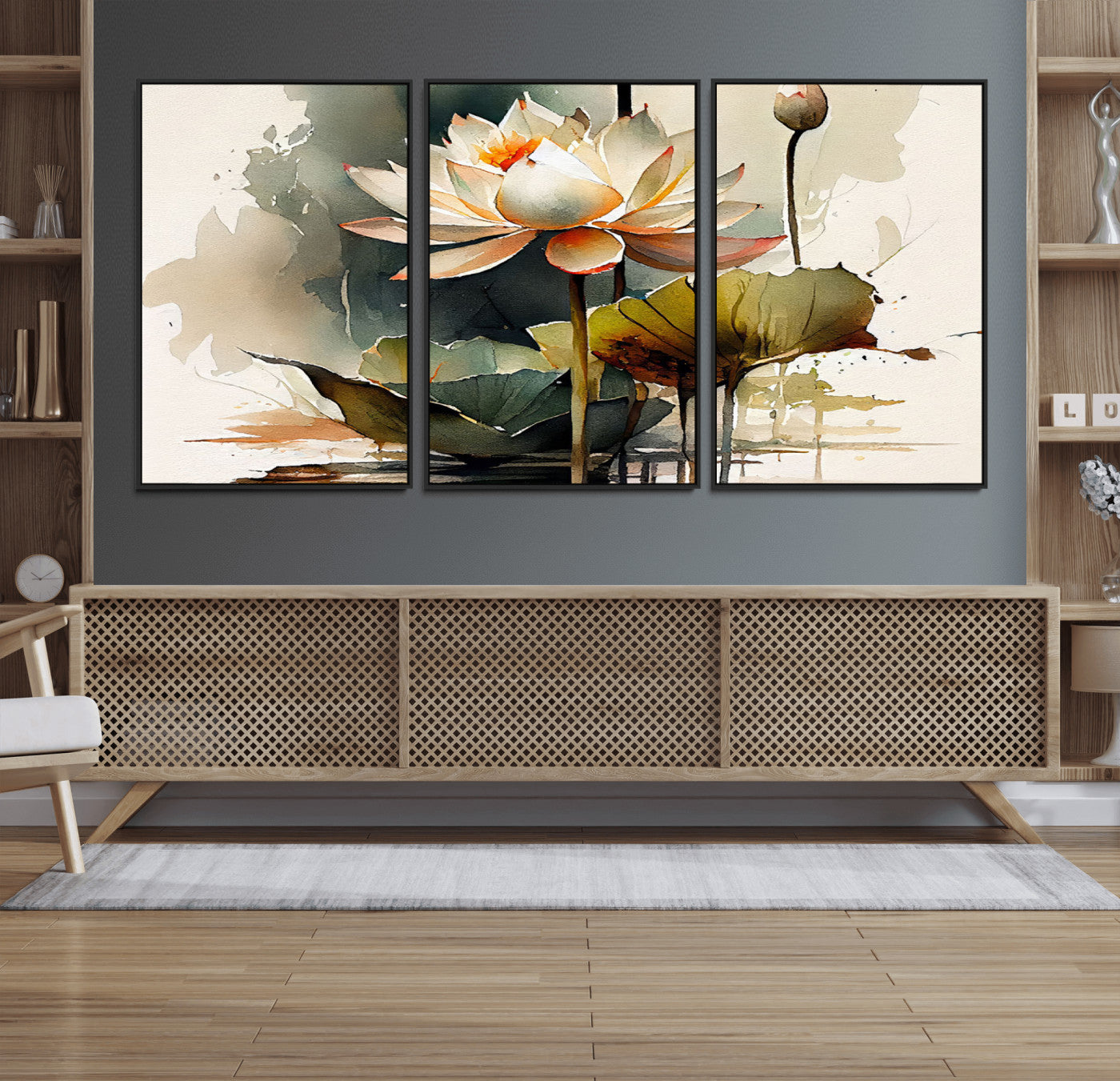 62531-MGV-FC-60X30-3P_Black-Lotus Flower Watercolor Canvas Print – A Symbol of Serenity and Growth, Captured in Soft Watercolors
