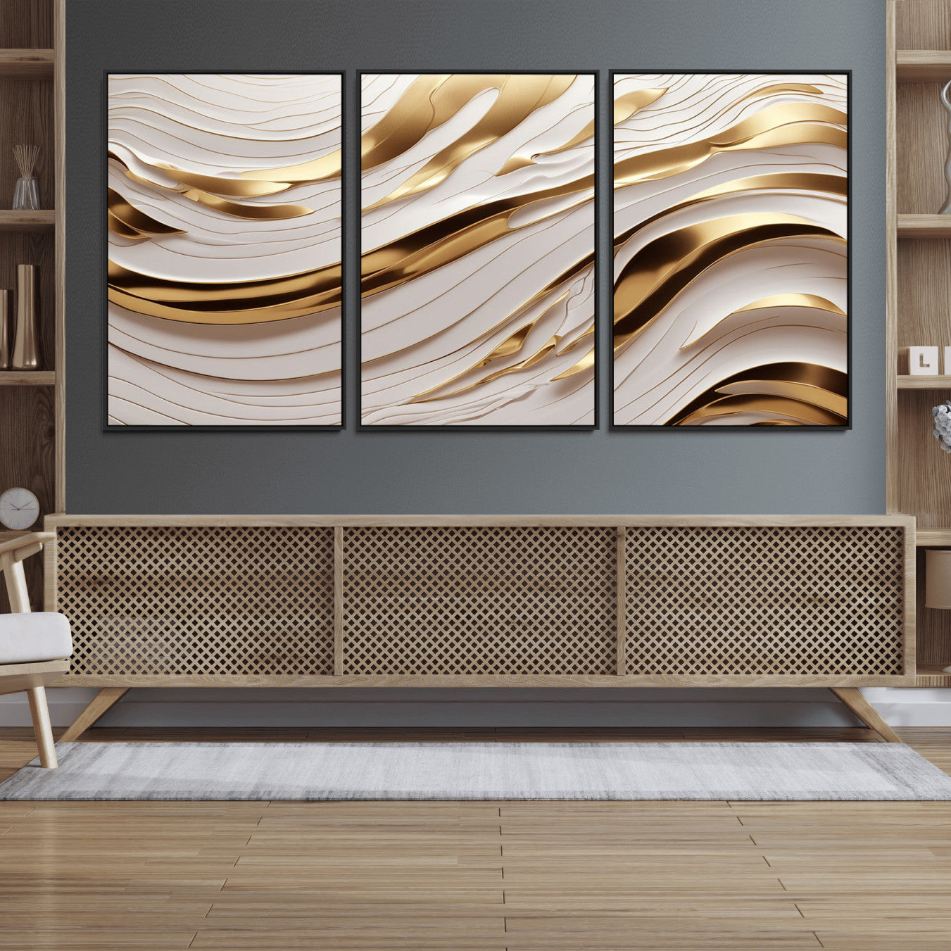 81197-MGV-FC-60X30-3P_Black-Gold and White Abstract Wave Canvas – Elegant Flowing Design with Luxurious Golden Accents –