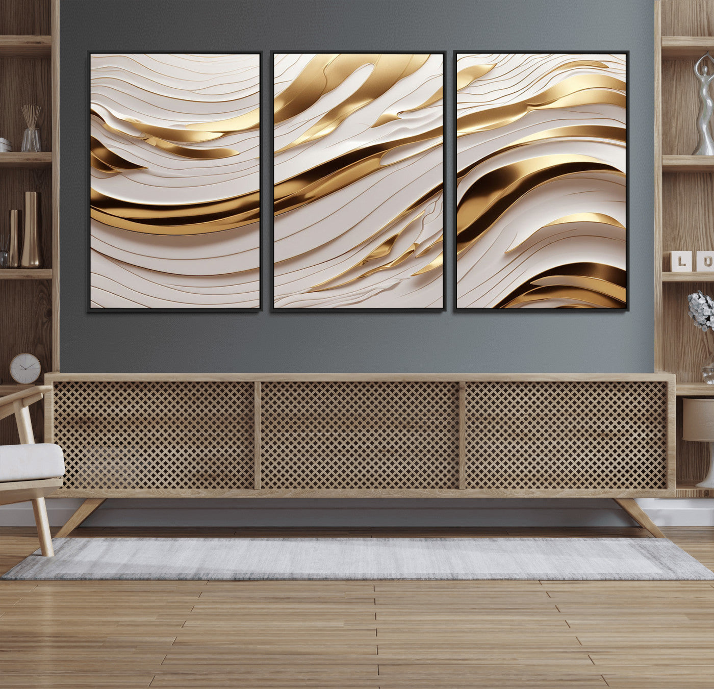 81197-MGV-FC-60X30-3P_Black-Gold and White Abstract Wave Canvas – Elegant Flowing Design with Luxurious Golden Accents –