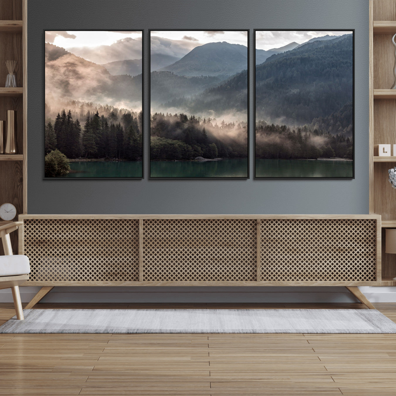 61116-MGV-FC-60X30-3P_Black-Foggy Mountain Canvas Print Forest Wall Art
