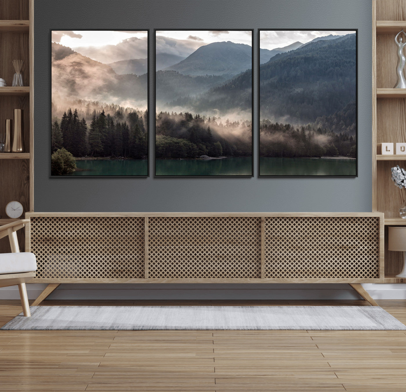 61116-MGV-FC-60X30-3P_Black-Foggy Mountain Canvas Print Forest Wall Art