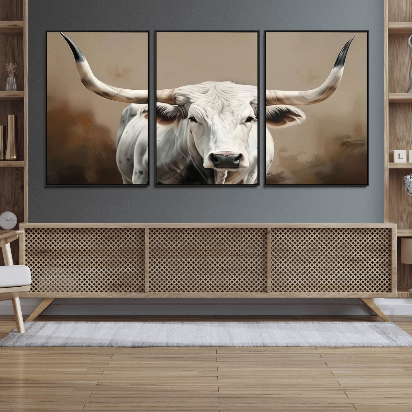 -White Longhorn Bull Wall Art Canvas Print – Framed and Ready to Hang – Perfect for Farmhouse and