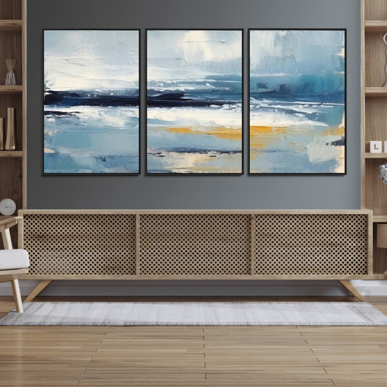 19746-MGV-FC-60X30-3P_Black-Abstract Ocean Canvas Wall Art - Coastal Blue and Gold Textured Painting, Modern Seascape Decor for