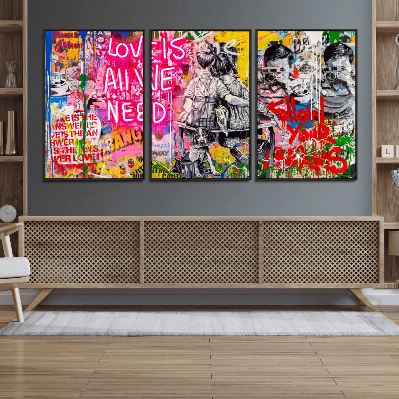 67019-MGV-FC-60X30-3P_Black-Follow Your Dreams & Love is All We Need Graffiti Street Art Triptych | Colorful Urban Wall Art