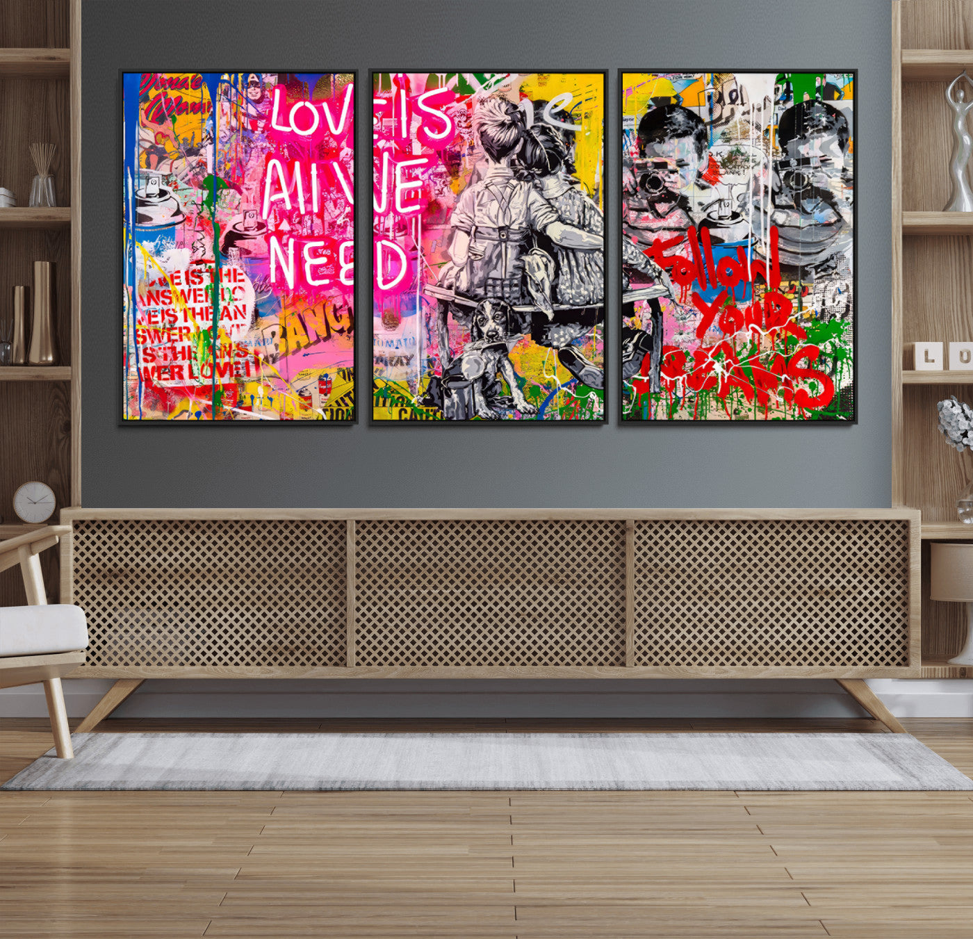 67019-MGV-FC-60X30-3P_Black-Follow Your Dreams & Love is All We Need Graffiti Street Art Triptych | Colorful Urban Wall Art