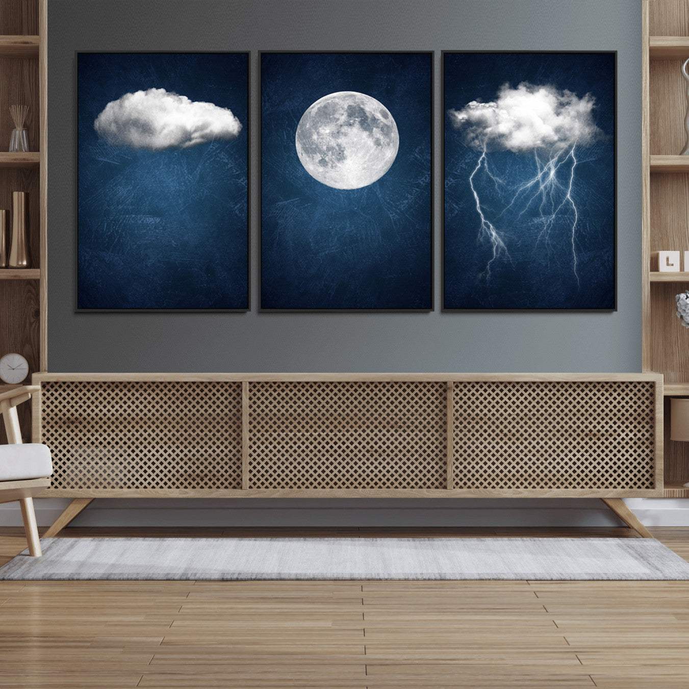 96569-MGV-FC-60X30-3P_Black-Dark Blue Cloud Art, 3 Piece Indigo Blue Wall Art, Aesthetic Surreal Art, Thunderstorm Moon Cloud
