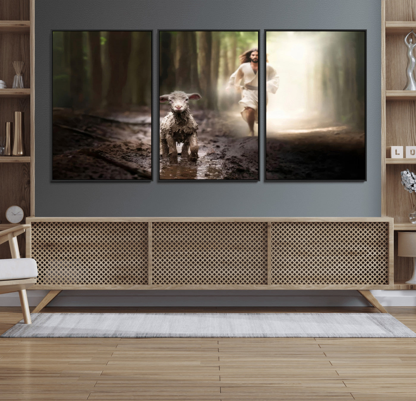 -Jesus Canvas Wall Art - Jesus Running After Lost Lamb, Jesus, Christian Home Decor - Church Wall Art