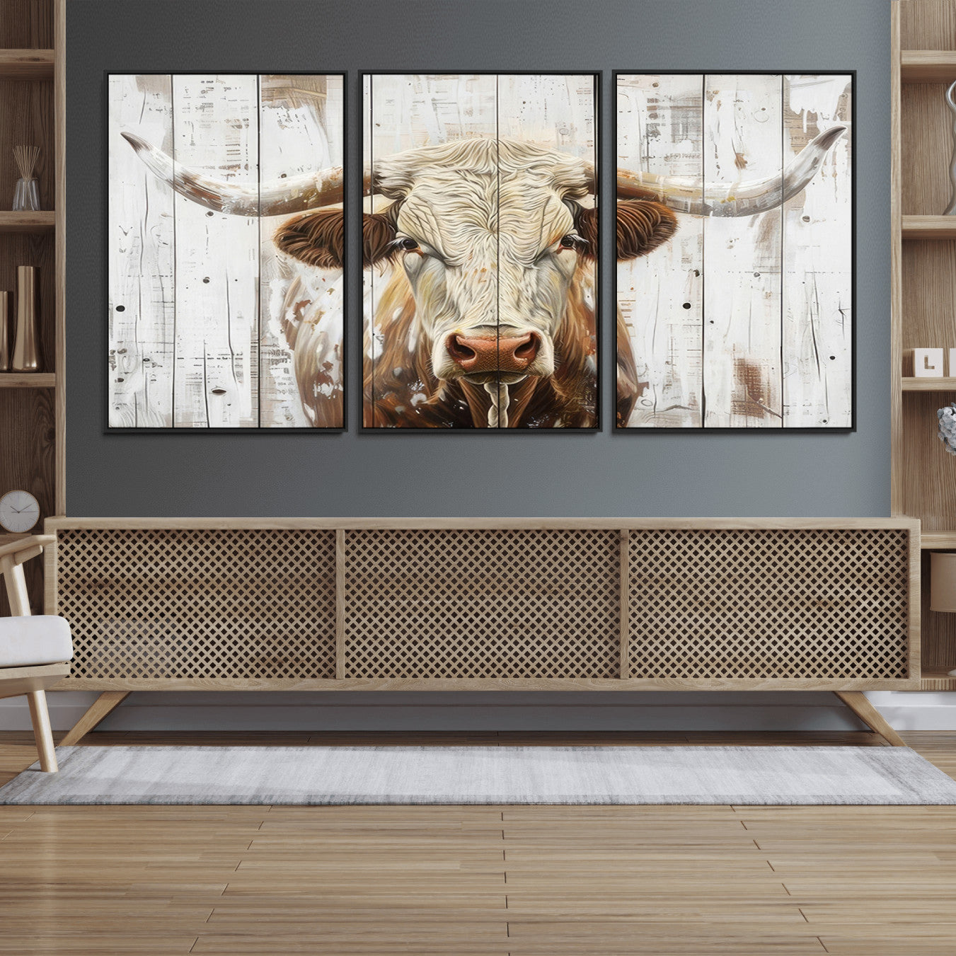 71551-MGV-FC-60X30-3P_Black-Rustic Longhorn Bull Wall Art Canvas Set – Western-Inspired Farmhouse Décor - Ready to Hang