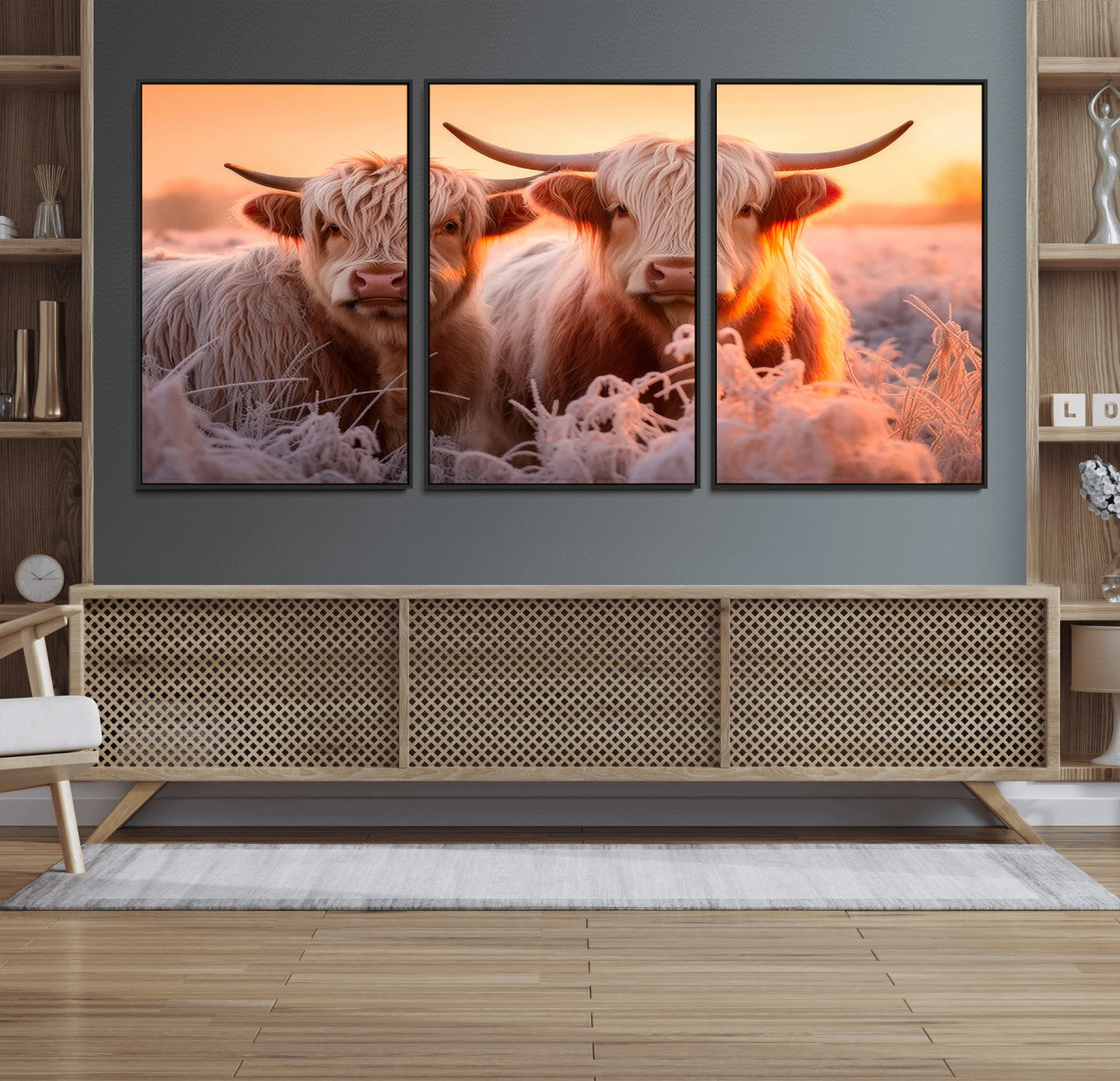 68253-MGV-FC-60X30-3P_Black-Highland Cows at Sunrise Wall Art Canvas Set – Serene and Rustic Farmhouse Decor
