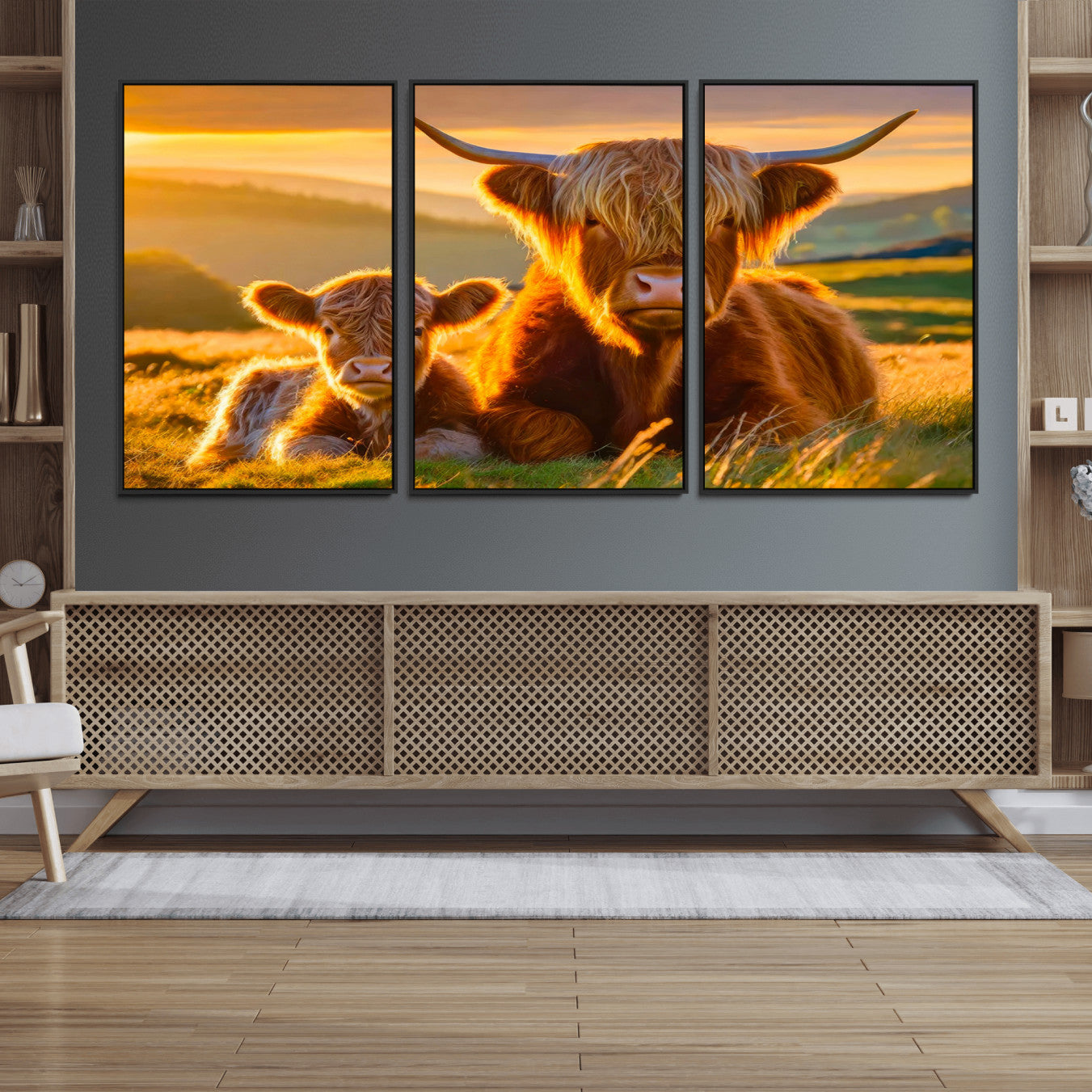 20567-MGV-FC-60X30-3P_Black-Scottish Cow and Baby Cow Canvas Wall Art Animal Print Fluffy Cattle Framed Farmhouse Decor