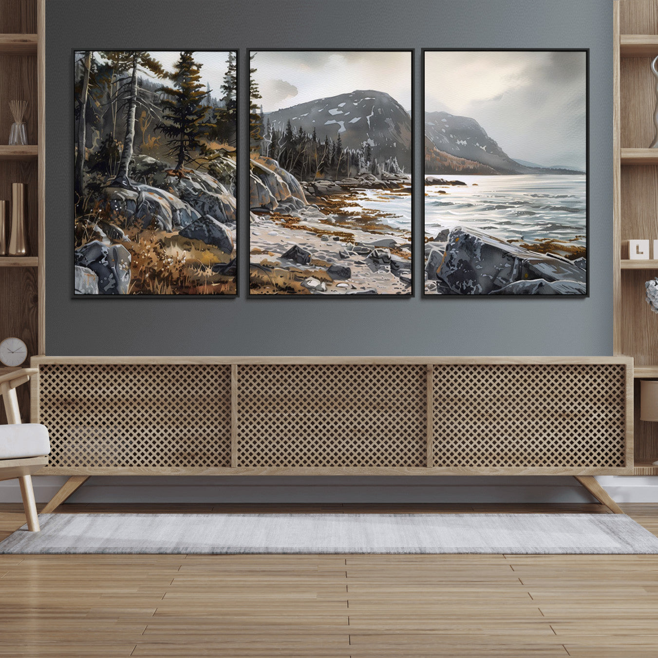 41281-MGV-FC-60X30-3P_Black-Serene Coastal View of Acadia National Park - Stunning 3-Panel Wall Art Canvas Print, Framed, Ready