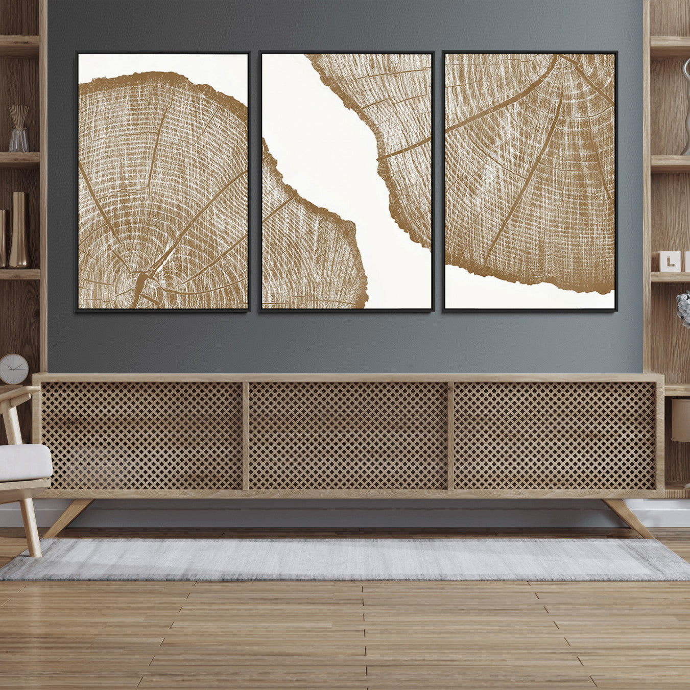 99692-MGV-FC-60X30-3P_Black-Rustic Brown Tree Ring Wall Art Canvas Print – Framed and Ready to Hang – Elegant Nature-Inspired