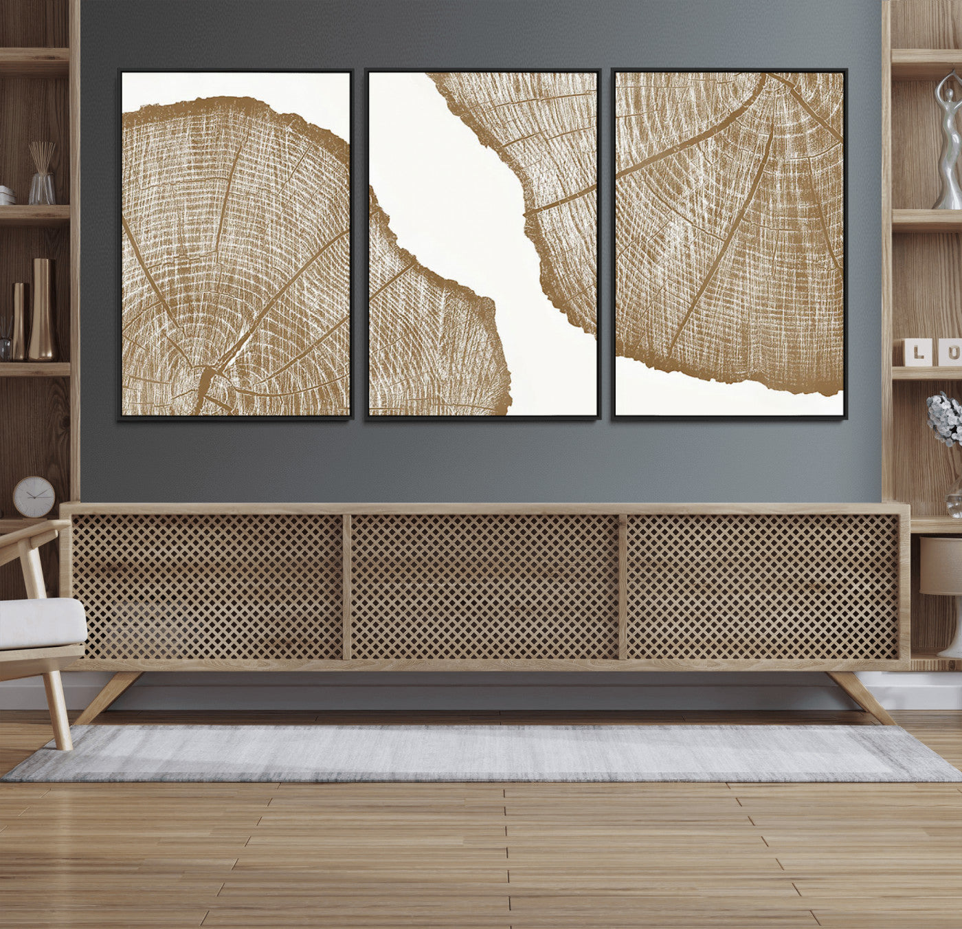 99692-MGV-FC-60X30-3P_Black-Rustic Brown Tree Ring Wall Art Canvas Print – Framed and Ready to Hang – Elegant Nature-Inspired