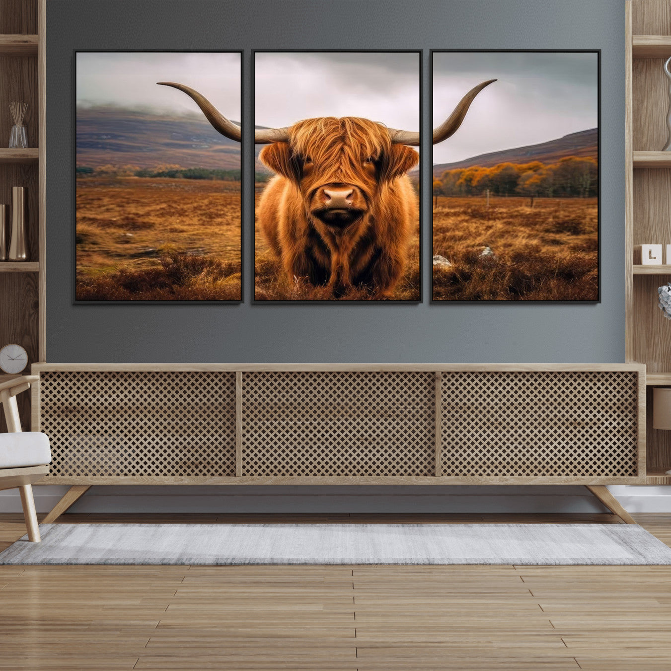 -Highland Cow Longhorn Wall Art – Rustic Canvas Print, Framed and Ready to Hang for Farmhouse Décor