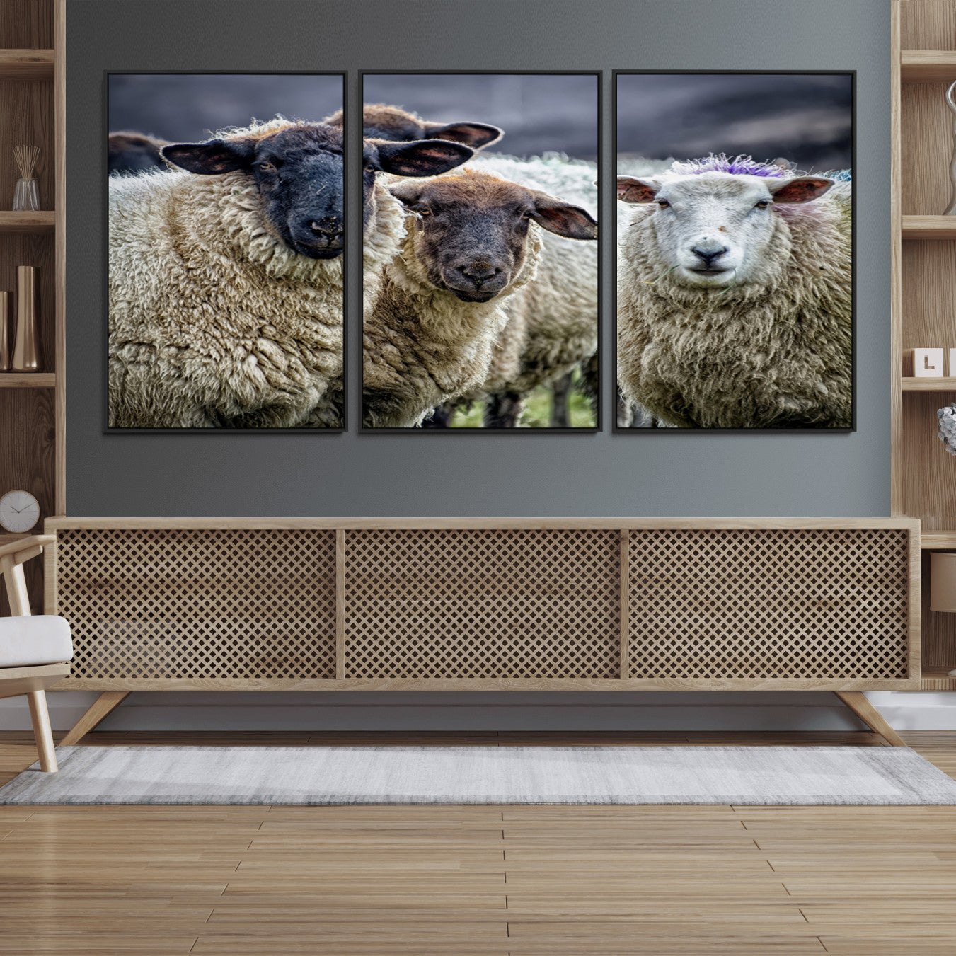18418-MGV-FC-60X30-3P_Black-Charming Sheep Portrait Wall Art – Trio of Woolly Companions Canvas Print, Framed, Ready to Hang
