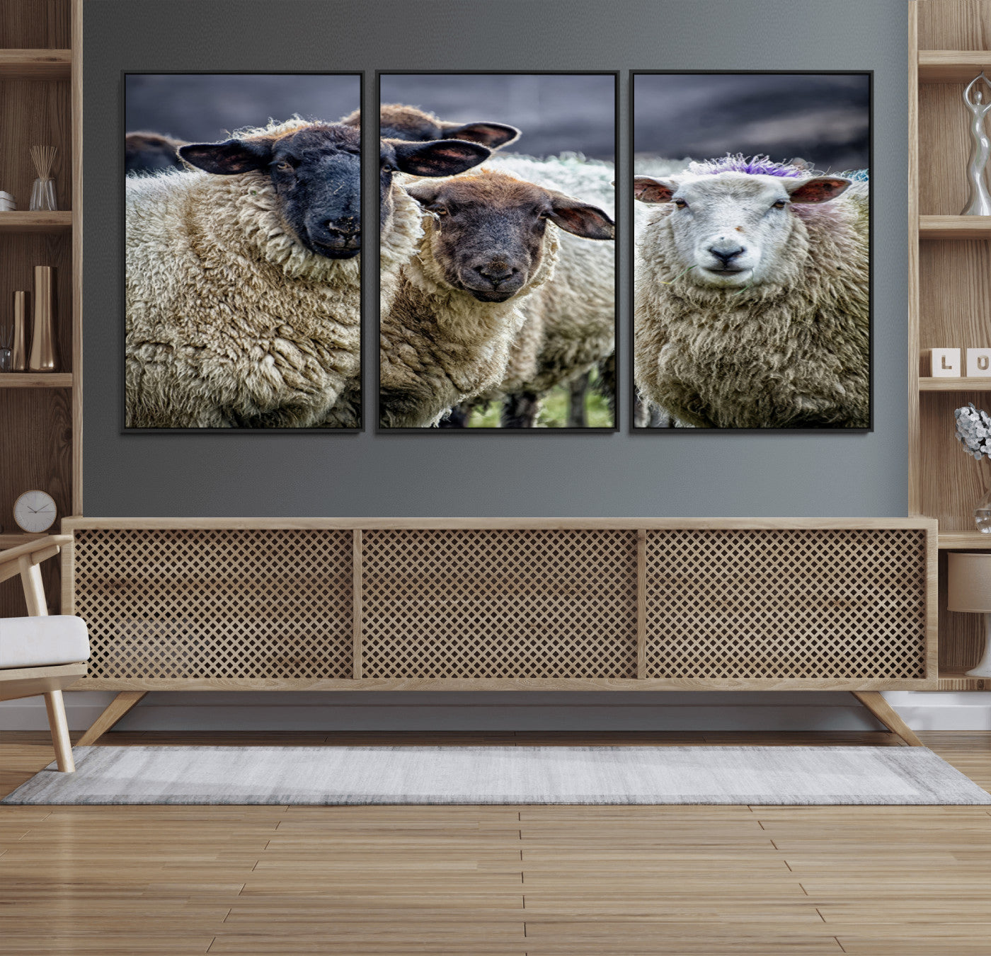 18418-MGV-FC-60X30-3P_Black-Charming Sheep Portrait Wall Art – Trio of Woolly Companions Canvas Print, Framed, Ready to Hang