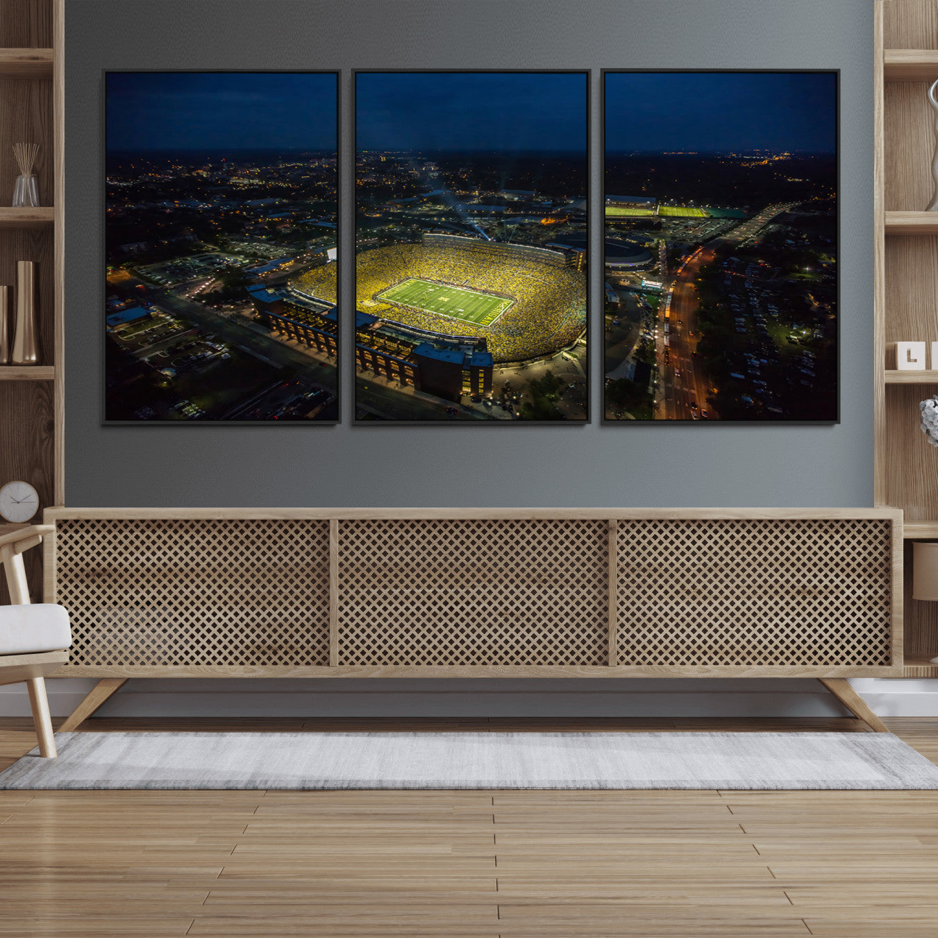 33588-MGV-FC-60X30-3P_Black-Michigan Stadium Night Game Wall Art – Sports Arena Aerial View Canvas Print, Framed, Ready to Hang