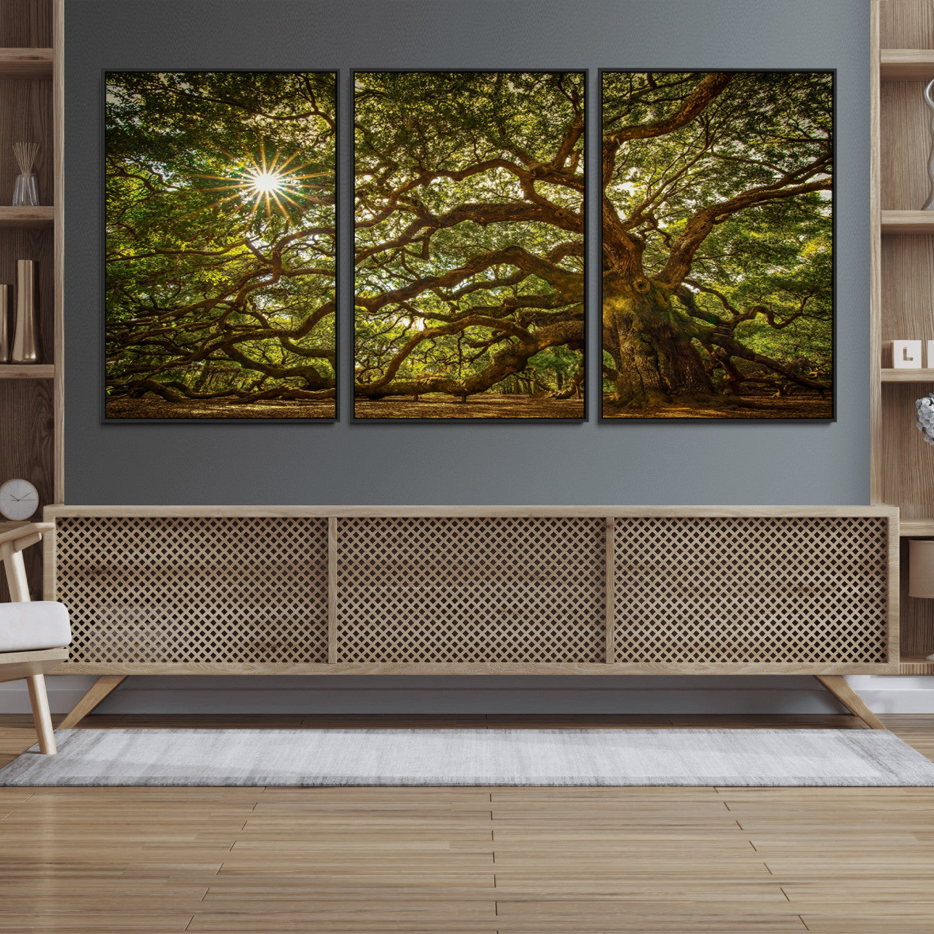 57983-MGV-FC-60X30-3P_Black-Ancient Angel Oak Tree Art Sunburst Canvas Print- Nature-Inspired Triptych Canvas Print, Framed,