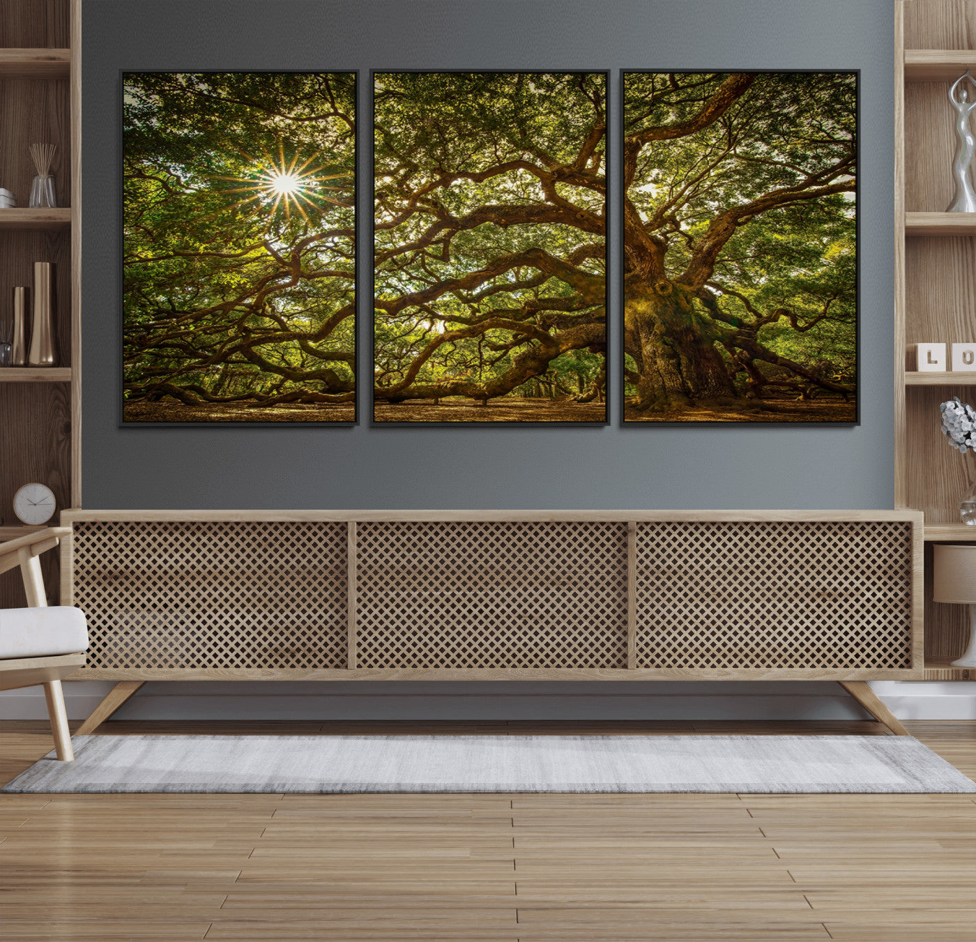 57983-MGV-FC-60X30-3P_Black-Ancient Angel Oak Tree Art Sunburst Canvas Print- Nature-Inspired Triptych Canvas Print, Framed,