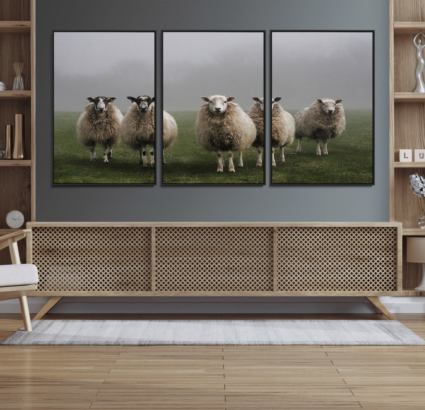 -Flock of Sheep in a Mystical Fog – Pastoral Wall Art Canvas Print, Framed, Ready to Hang