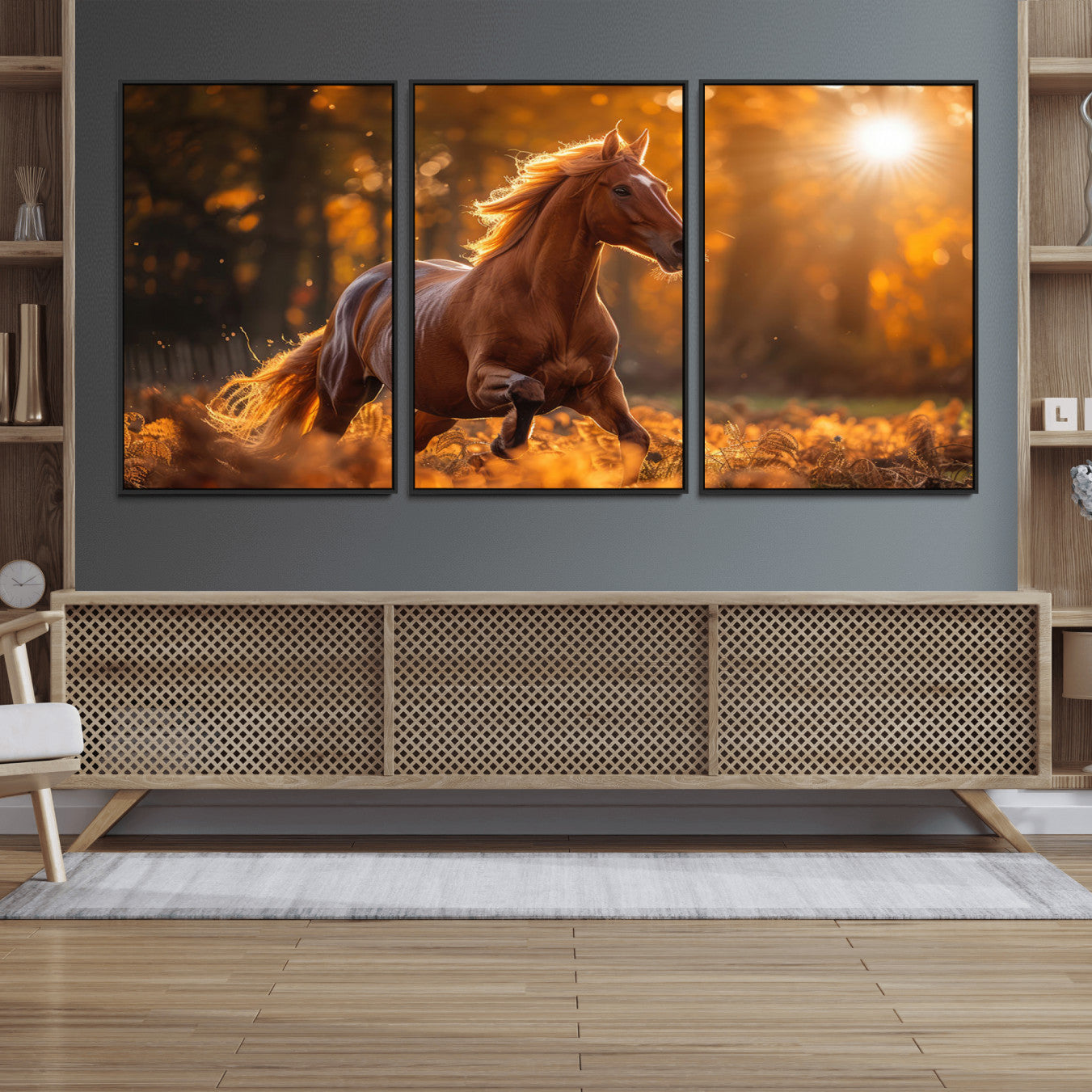 92144-MGV-FC-60X30-3P_Black-Running Horse Sunset Forest Wall Art Canvas Print