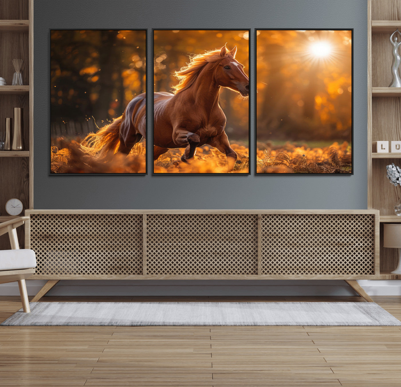 92144-MGV-FC-60X30-3P_Black-Running Horse Sunset Forest Wall Art Canvas Print