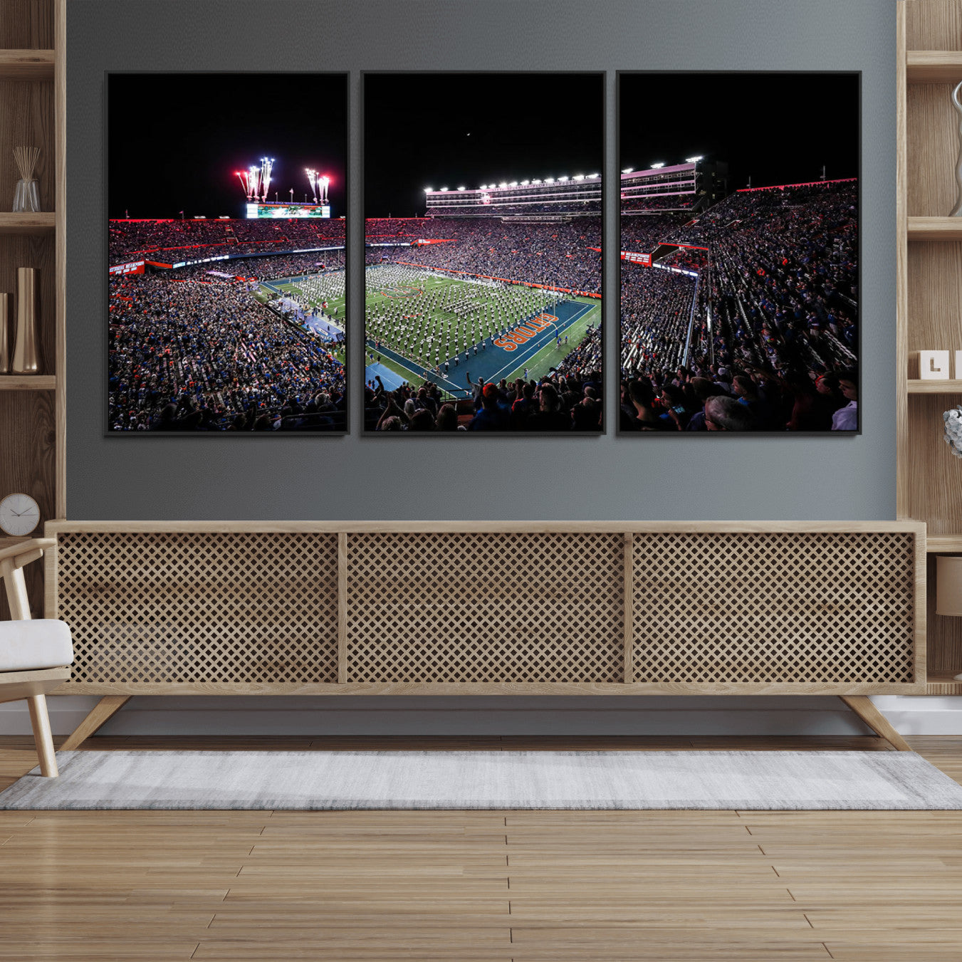 46899-MGV-FC-60X30-3P_Black-Ben Hill Griffin Stadium Night Game Triple Canvas Wall Art - Florida Gators Football Match