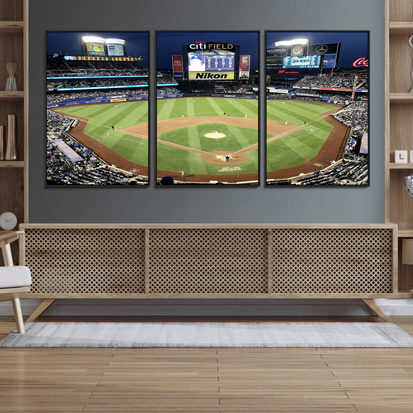 87666-MGV-FC-60X30-3P_Black-Citi Field Wall Art Print | 3-Panel New York Mets Baseball Stadium Canvas Print | Framed Sports