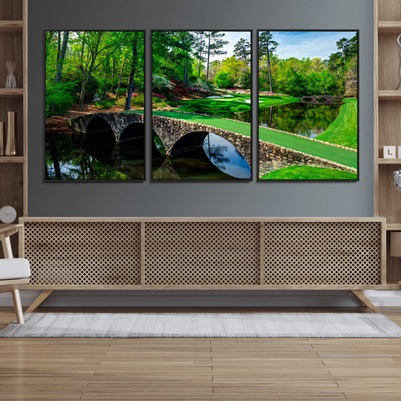 57655-MGV-FC-60X30-3P_Black-Augusta National Golf Club Wall Art - Panoramic Bridge & Lush Greenery – Premium Framed,