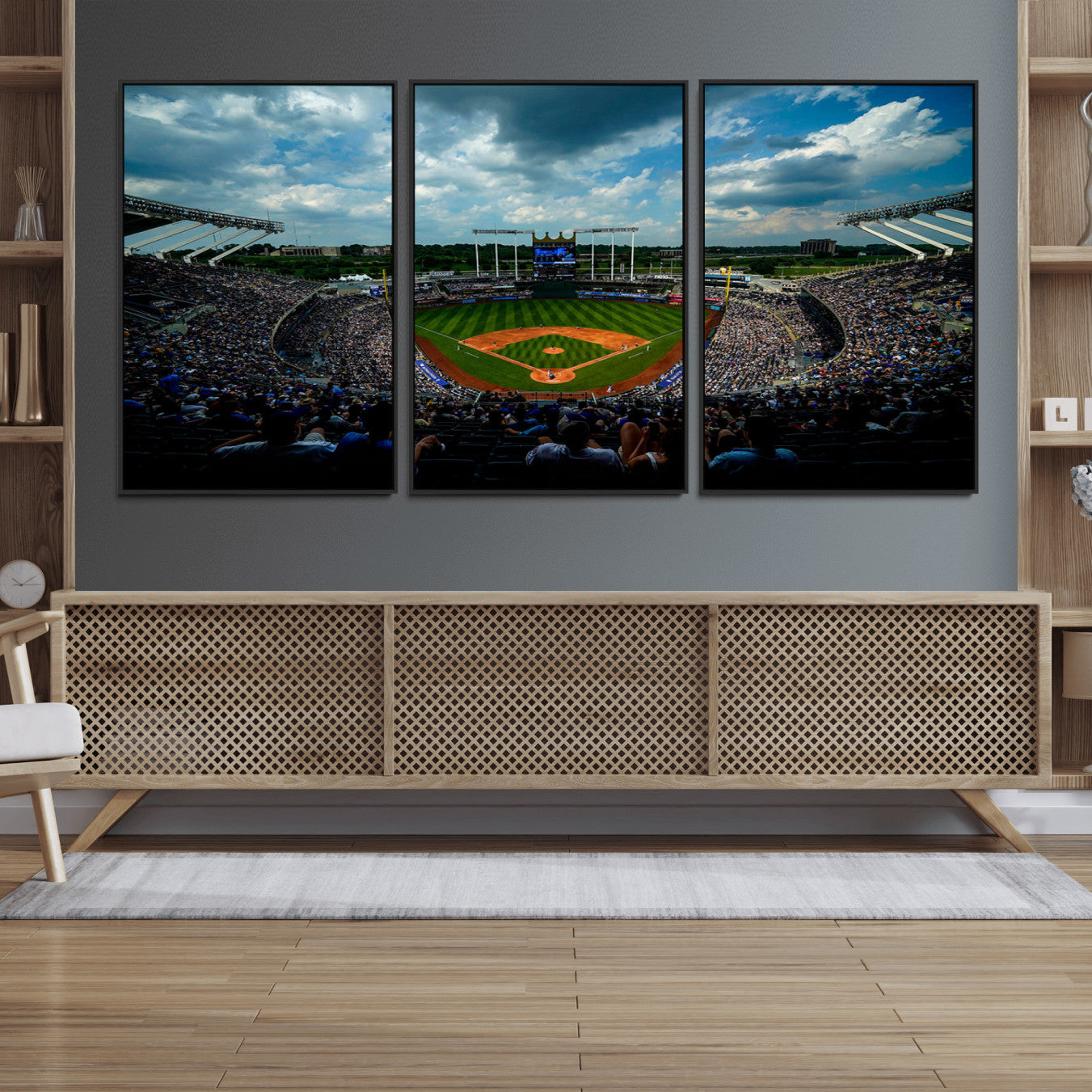 37127-MGV-FC-60X30-3P_Black-3-Panel Kauffman Stadium Wall Art Print | Large Kansas City Royals Baseball Canvas Print for Sports