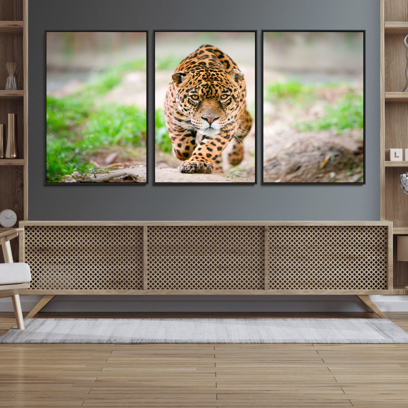 75066-MGV-FC-60X30-3P_Black-Leopard on the Prowl - Stunning Large Framed Leopard Wall Art Canvas Wall Art for Living Room,