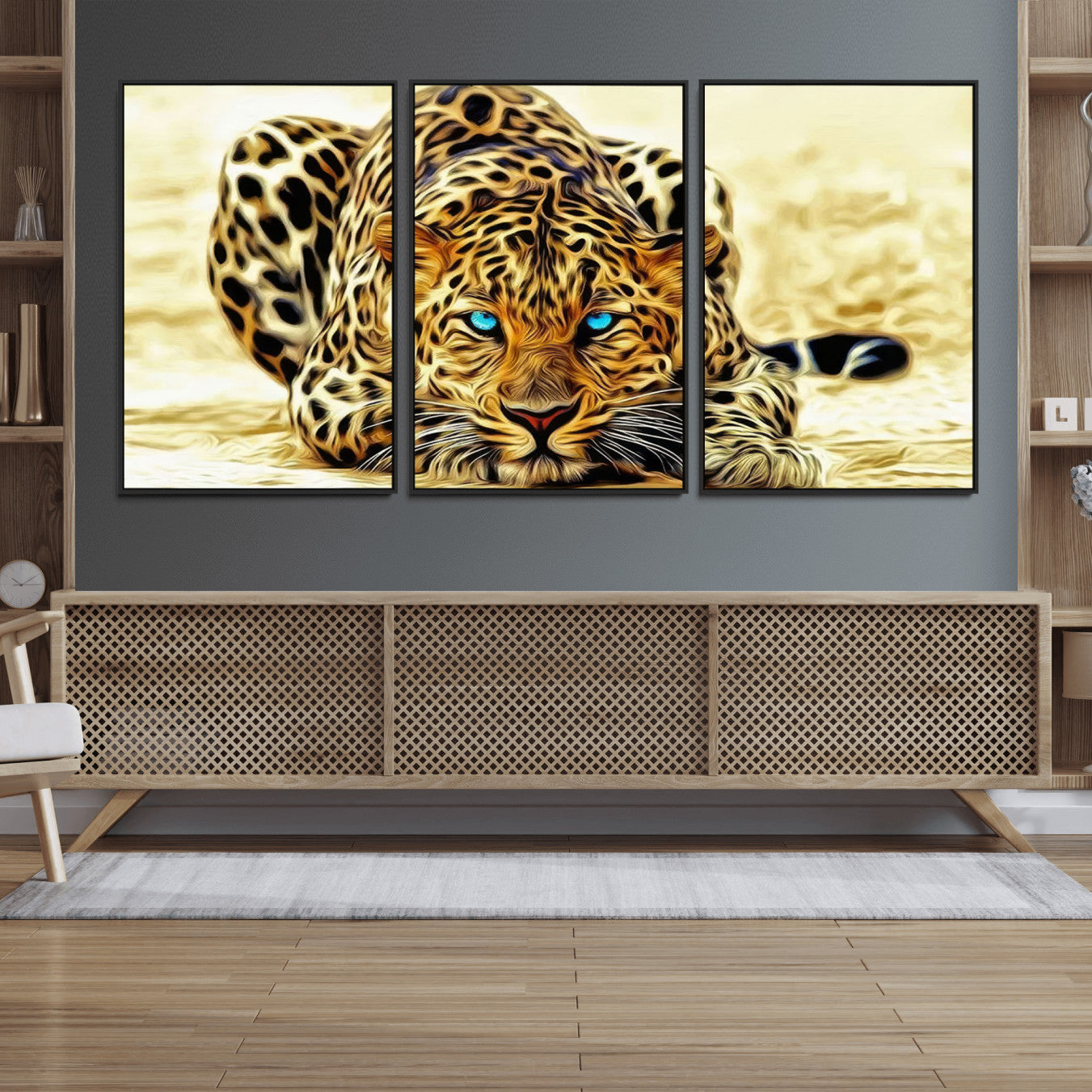 45281-MGV-FC-60X30-3P_Black-Blue-Eyed Leopard Canvas Wall Art - Framed Animal Print Ready to Hang - Fierce and Bold Decor for