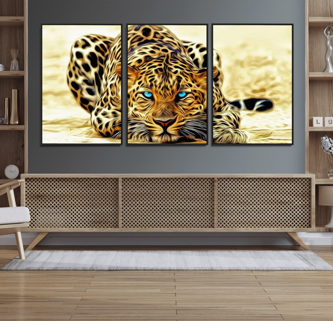 45281-MGV-FC-60X30-3P_Black-Blue-Eyed Leopard Canvas Wall Art - Framed Animal Print Ready to Hang - Fierce and Bold Decor for