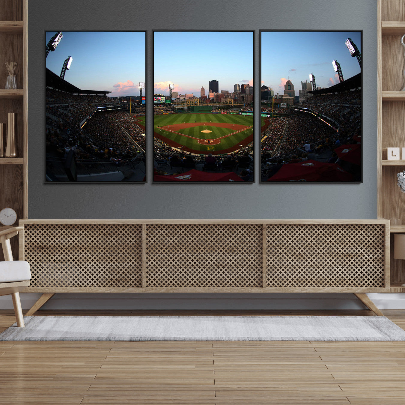 67670-MGV-FC-60X30-3P_Black-PNC Park Evening Game Triple Canvas Wall Art - Pittsburgh Pirates MLB Match - PNC Park Stadium Wall