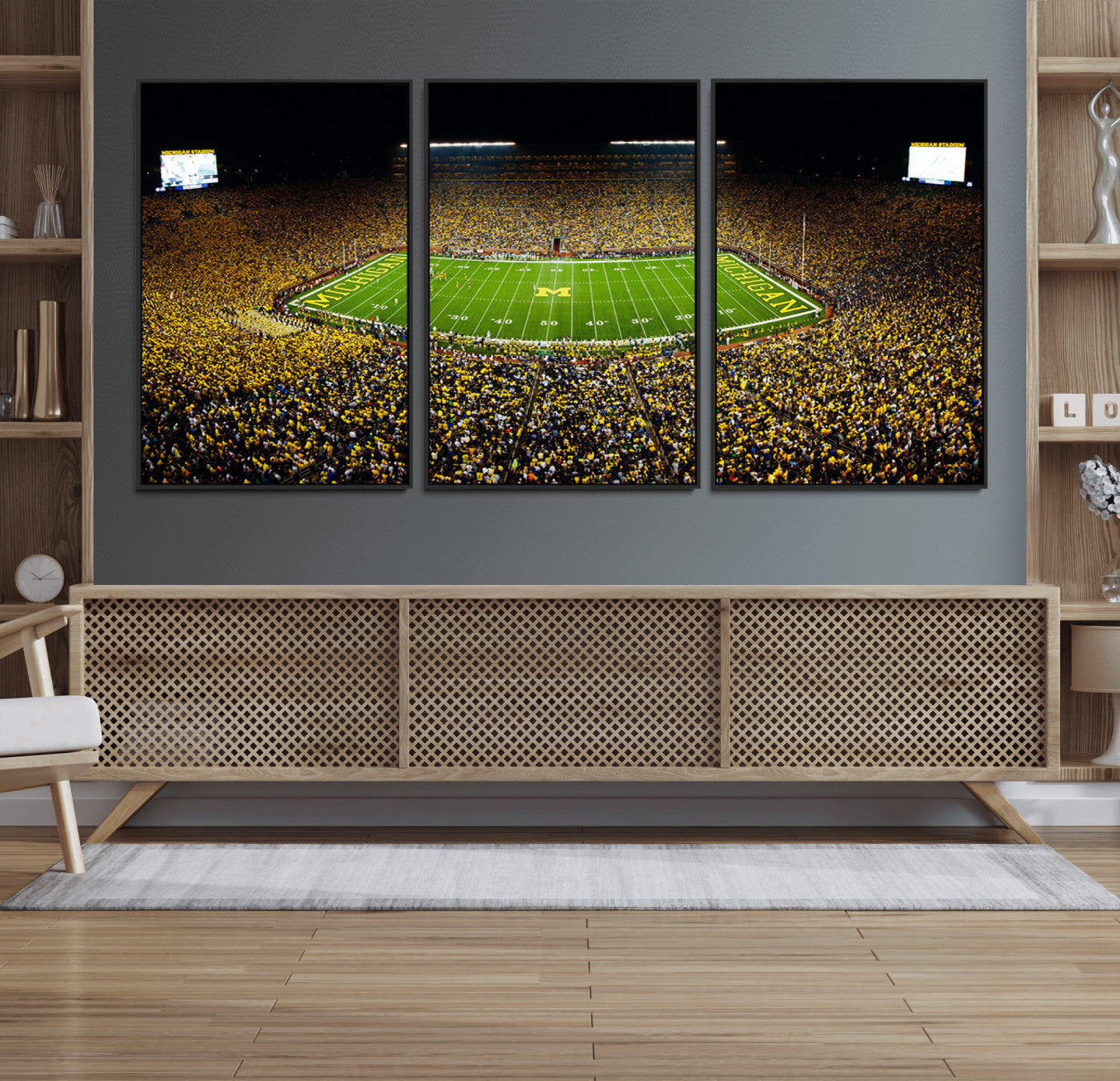26166-MGV-FC-60X30-3P_Black-Stadium in Michigan Wall Art Canvas Print, Framed American Football Stadium Art Picture Print,