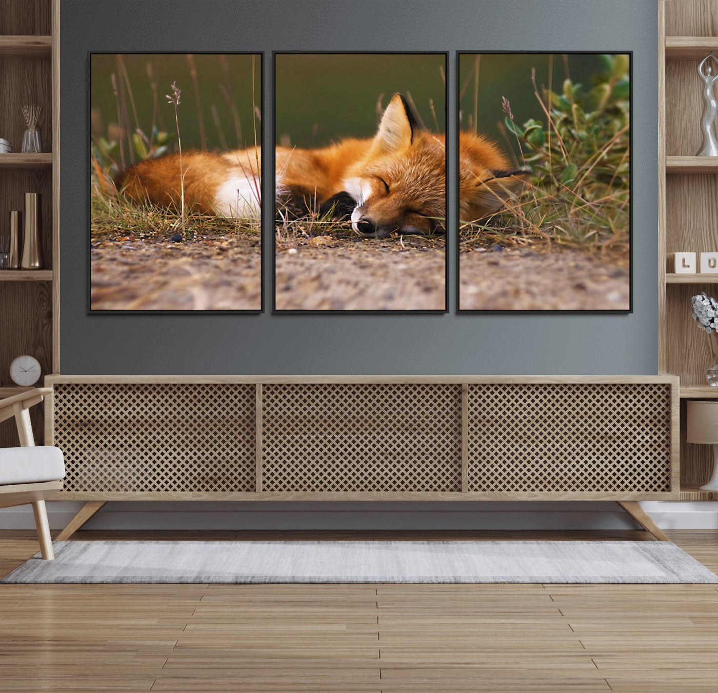 25085-MGV-FC-60X30-3P_Black-Sleeping Fox Wall Art Canvas Print, Farmhouse Wall Decor and Animal Wall Art Print