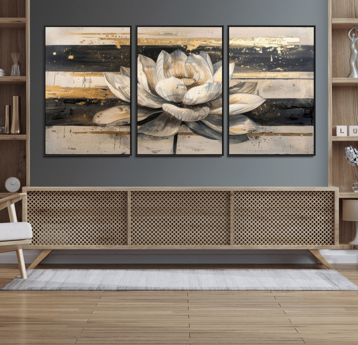 18807-MGV-FC-60X30-3P_Black-Abstract Lotus Flower Wall Art Canvas Print, Meditation Yoga Room Wall Art