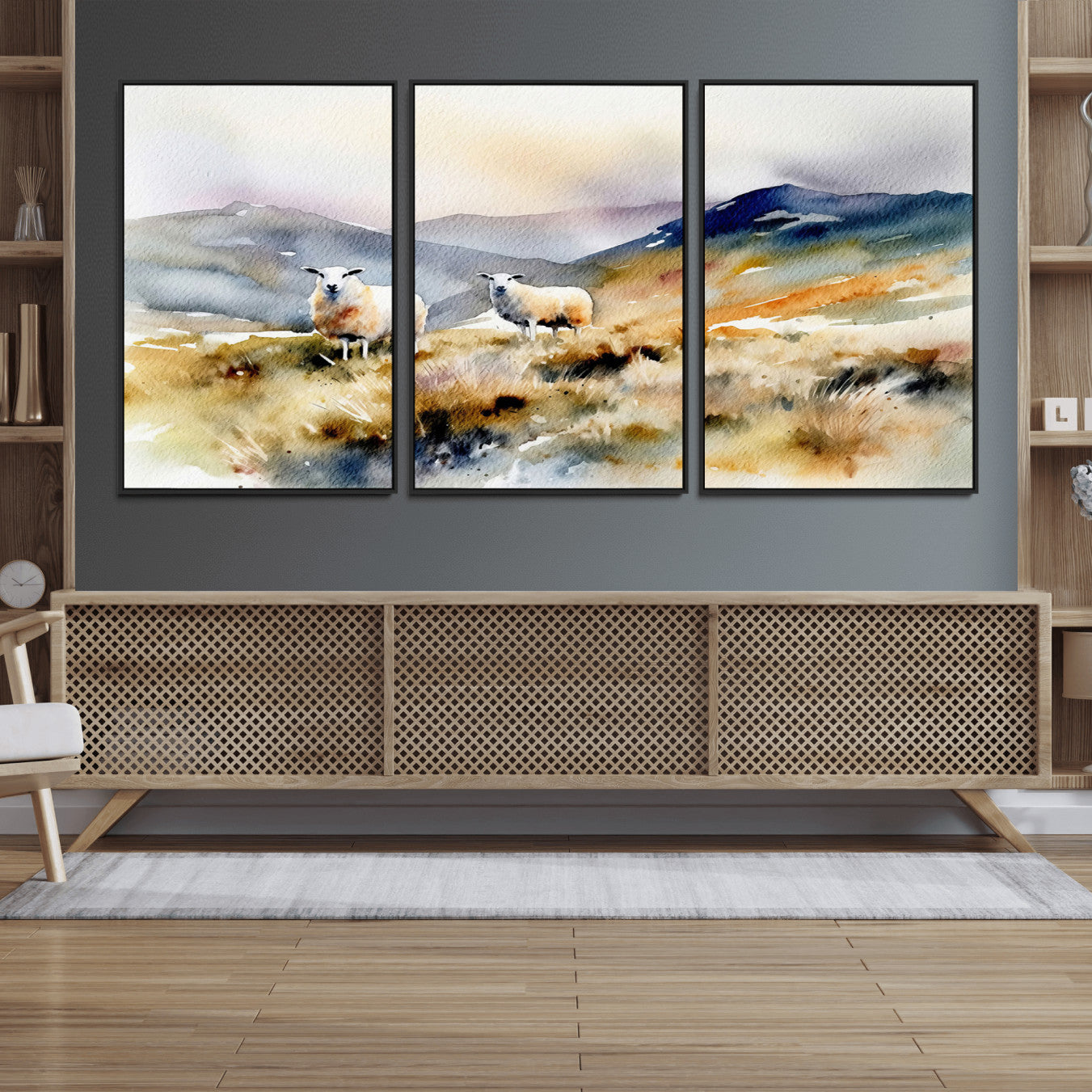 58145-MGV-FC-60X30-3P_Black-Watercolor Sheep for Farmhouse Decor Wall Art Canvas Print, Mountain Wall Art Print