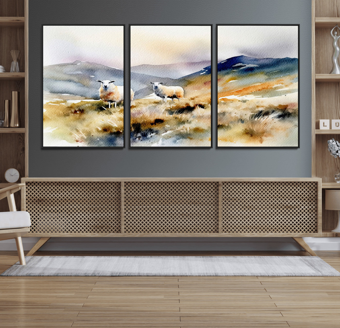 58145-MGV-FC-60X30-3P_Black-Watercolor Sheep for Farmhouse Decor Wall Art Canvas Print, Mountain Wall Art Print