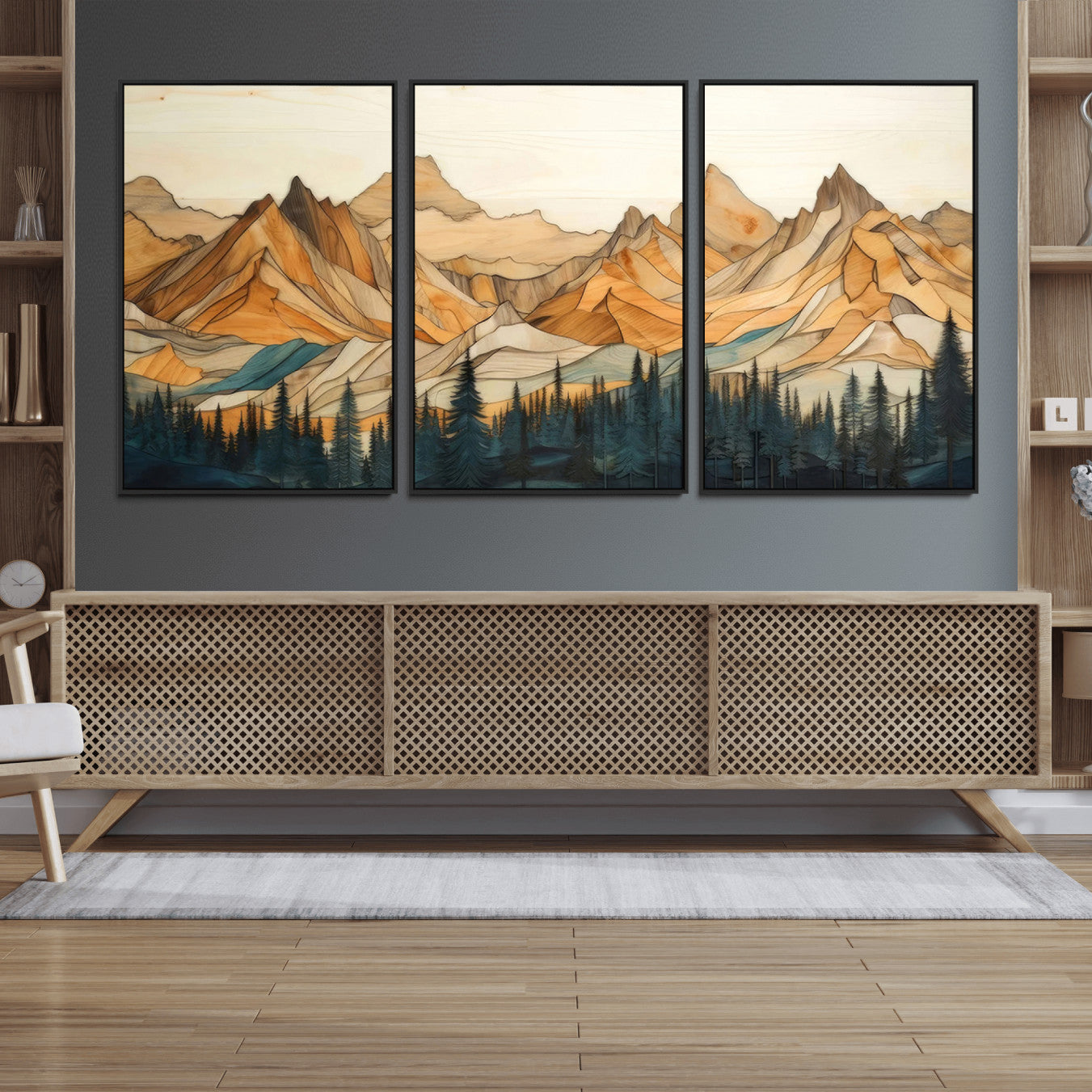 31576-MGV-FC-60X30-3P_Black-Rustic Wood Mountain Wall Art Print | Triptych Giclee Print Featuring Handcrafted Forest and