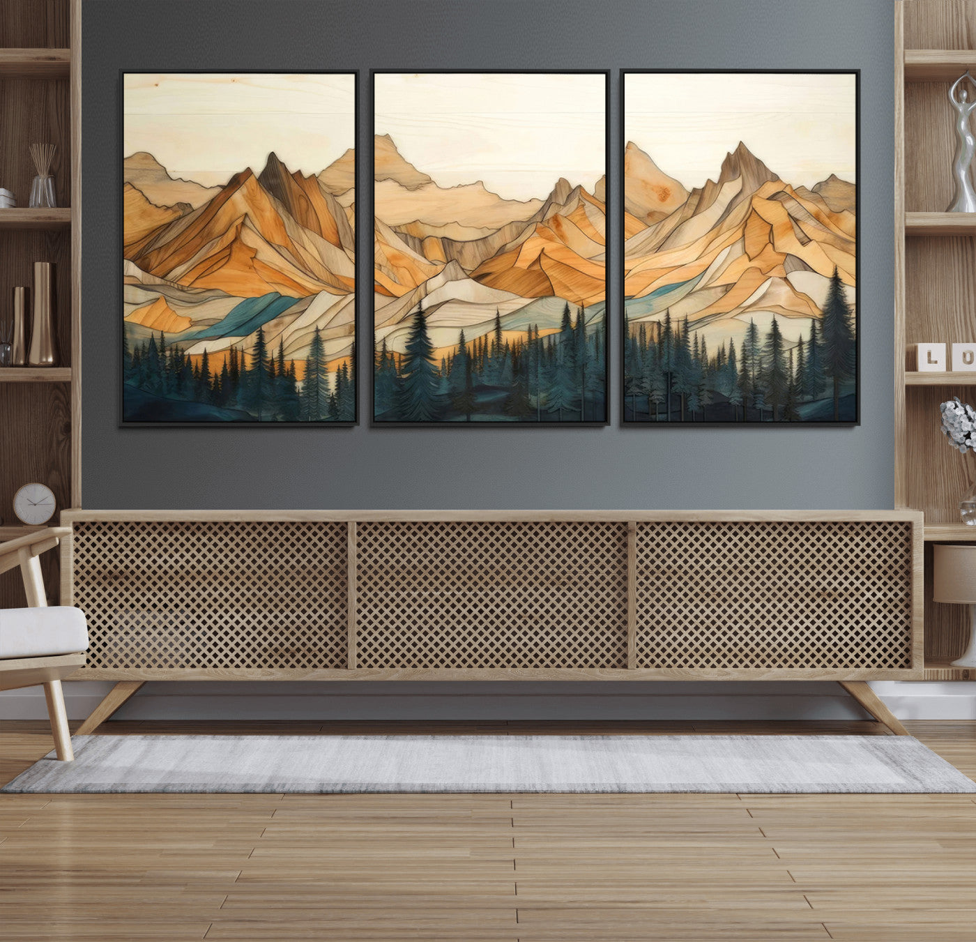 31576-MGV-FC-60X30-3P_Black-Rustic Wood Mountain Wall Art Print | Triptych Giclee Print Featuring Handcrafted Forest and