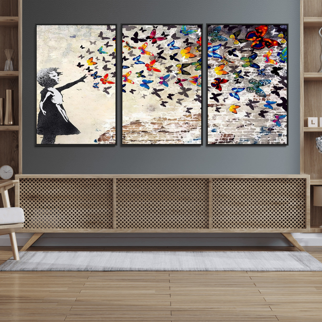 97895-MGV-FC-60X30-3P_Black-Banksy Graffiti Wall Art Canvas Print: Girl Releasing Vibrant Butterflies – Ready to Hang
