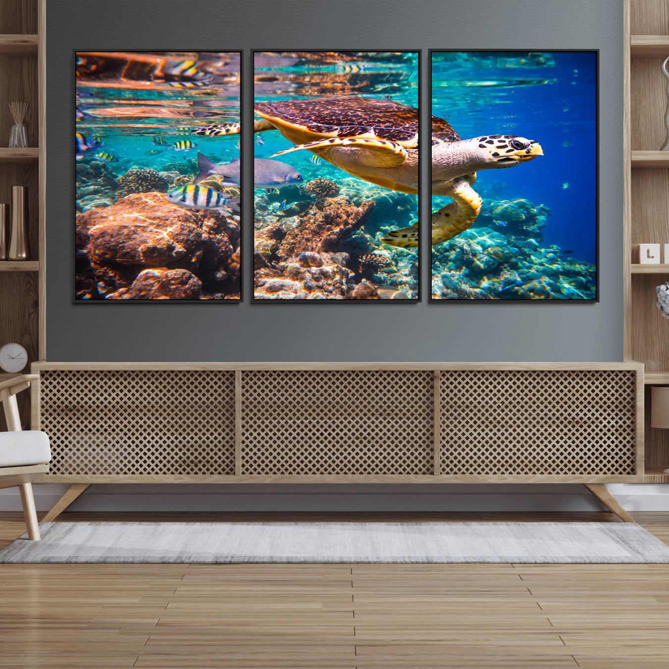 66614-MGV-FC-60X30-3P_Black-Sea Turtle Wall Art Canvas Print – Vibrant Ocean Coral Reef Décor, Ready to Hang