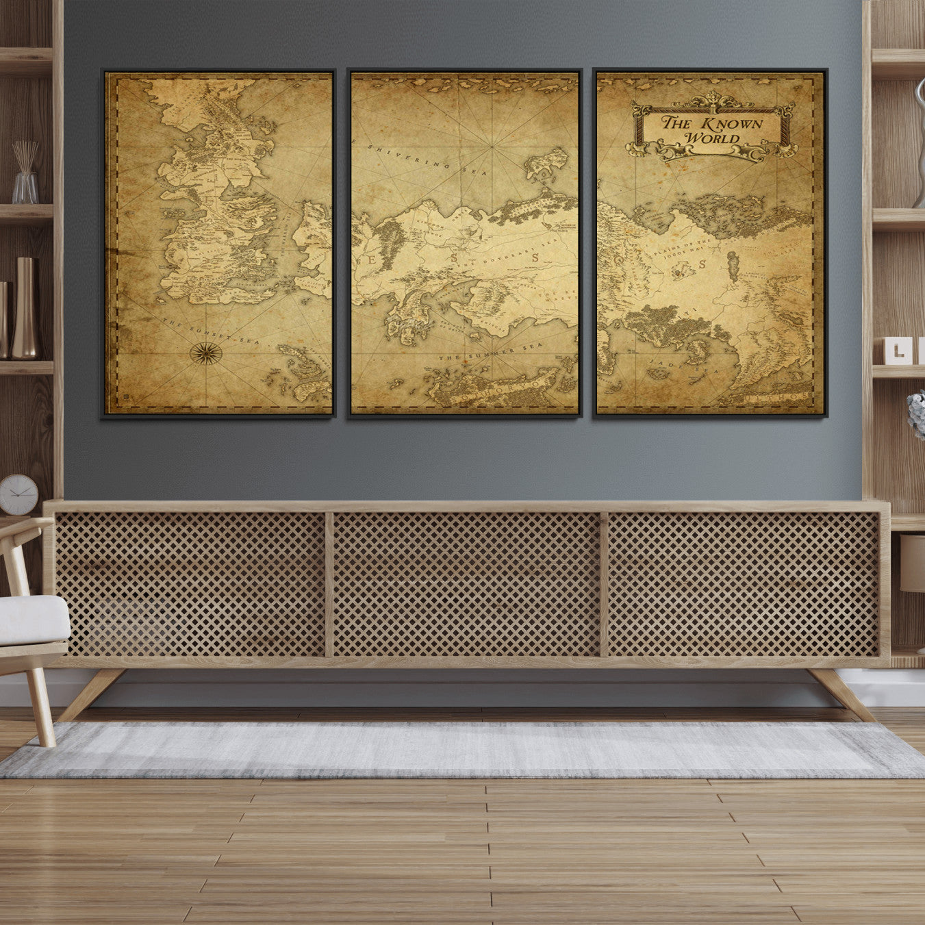 84658-MGV-FC-60X30-3P_Black-Vintage Game of Thrones Map Wall Art | Westeros and Essos Antique Style Print | The Known World in