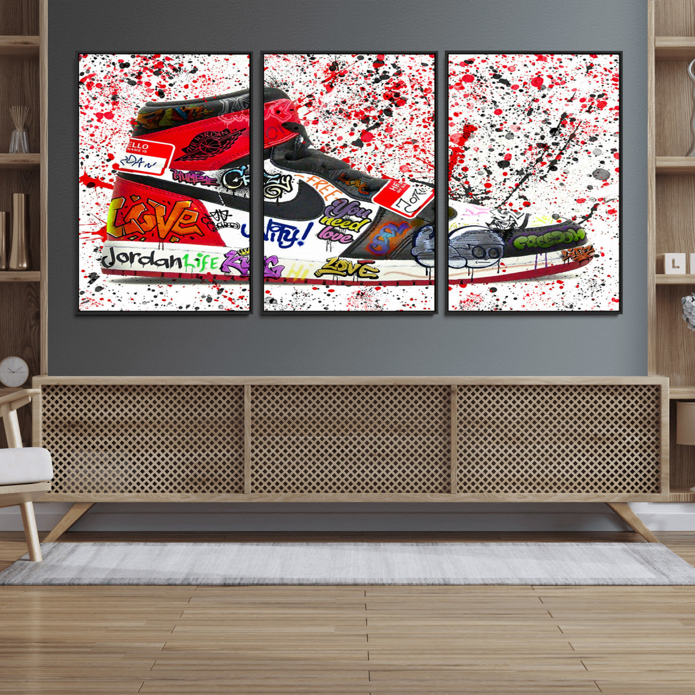 38836-MGV-FC-60X30-3P_Black-Jordan Shoes Graffiti Wall Art Canvas Print- Jordan Graffiti Canvas Wall Art - Framed Perfect for